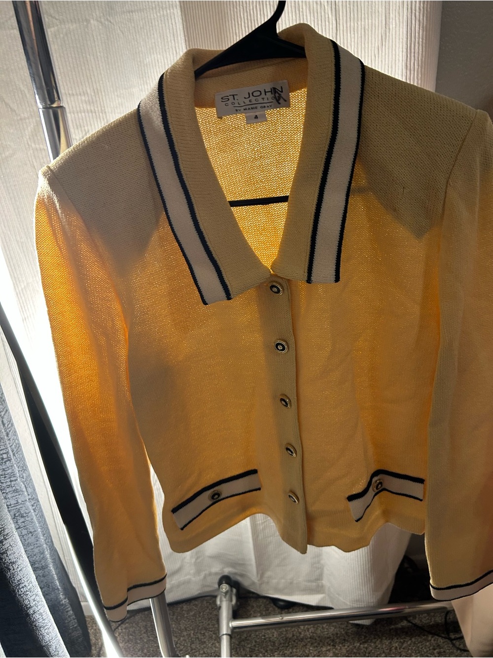 St. John Yellow Knit Button-Front Jacket with Contrast Stripe Collar